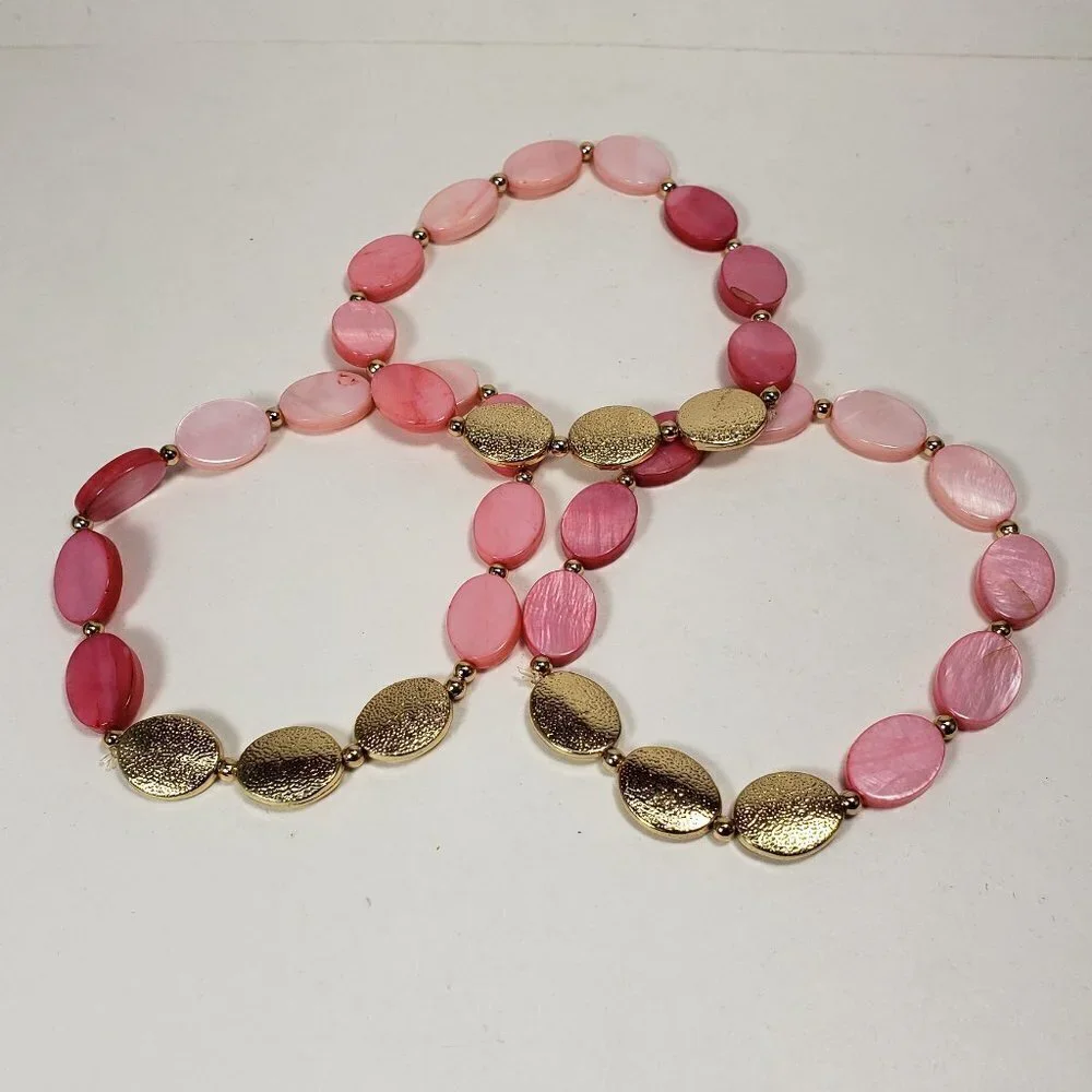 Set of 3 Textured Gold Tone Pink Shell Beaded Stretch Bracelets Stylish Jewelry